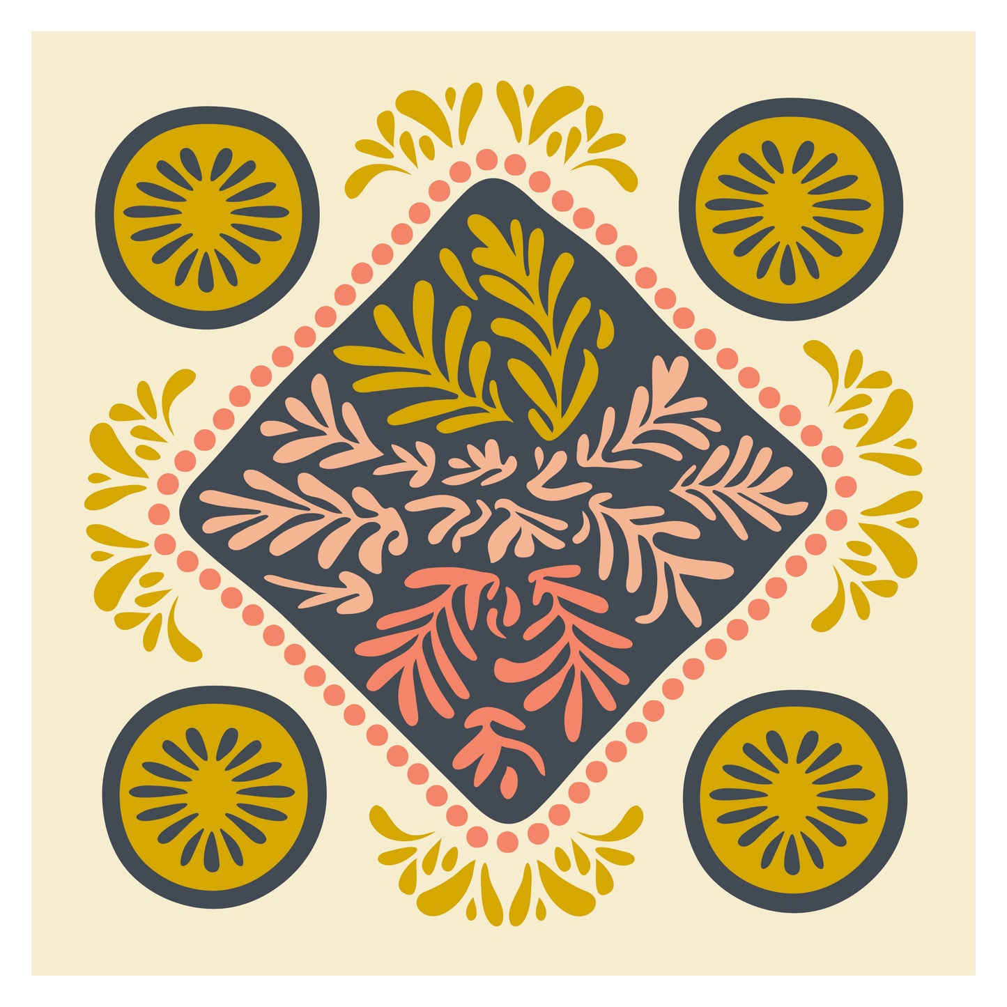 Decorative pattern with geometric shapes and floral elements on a beige background