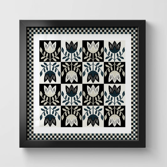 Framed artwork with black and white floral pattern on a light gray background