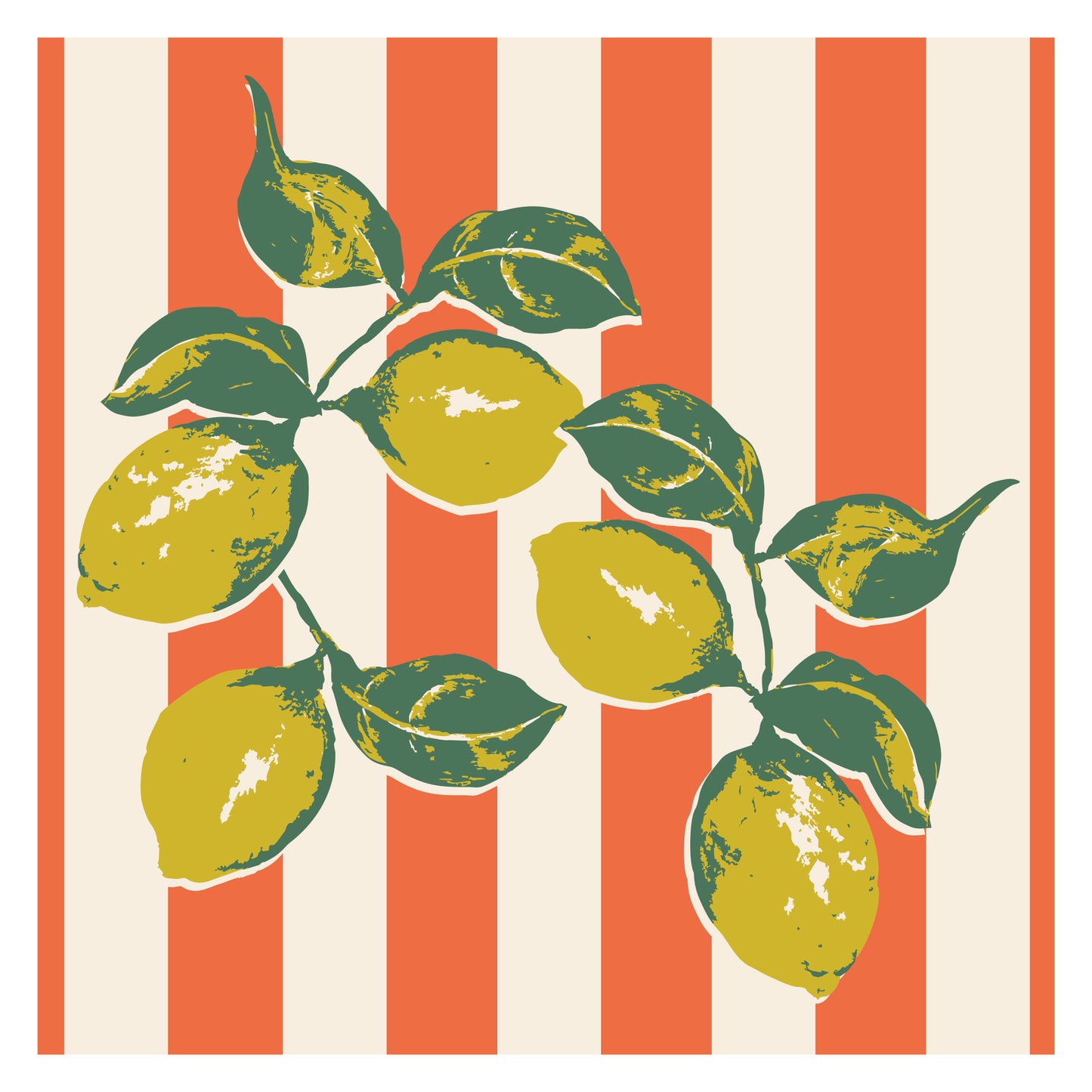Illustration of yellow lemons on a red-orange and white striped background