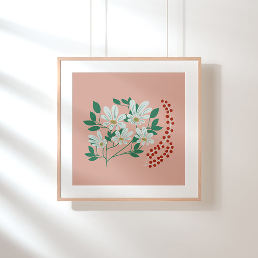 Framed artwork with floral design on a pink background