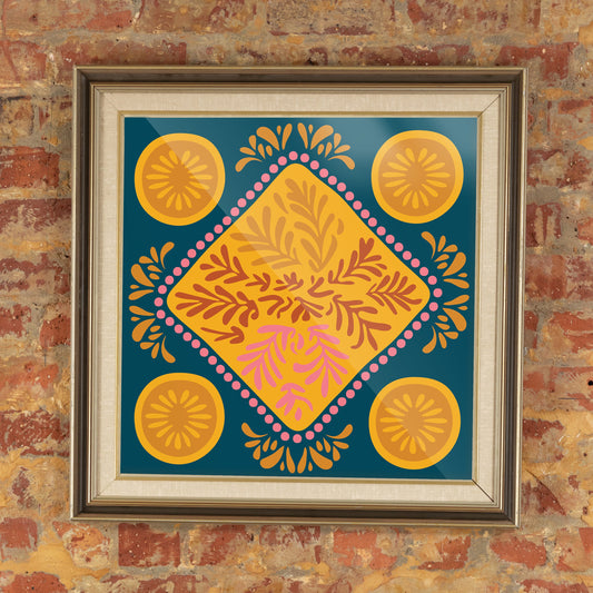 Decorative wall art with geometric pattern on a brick wall above a sofa.