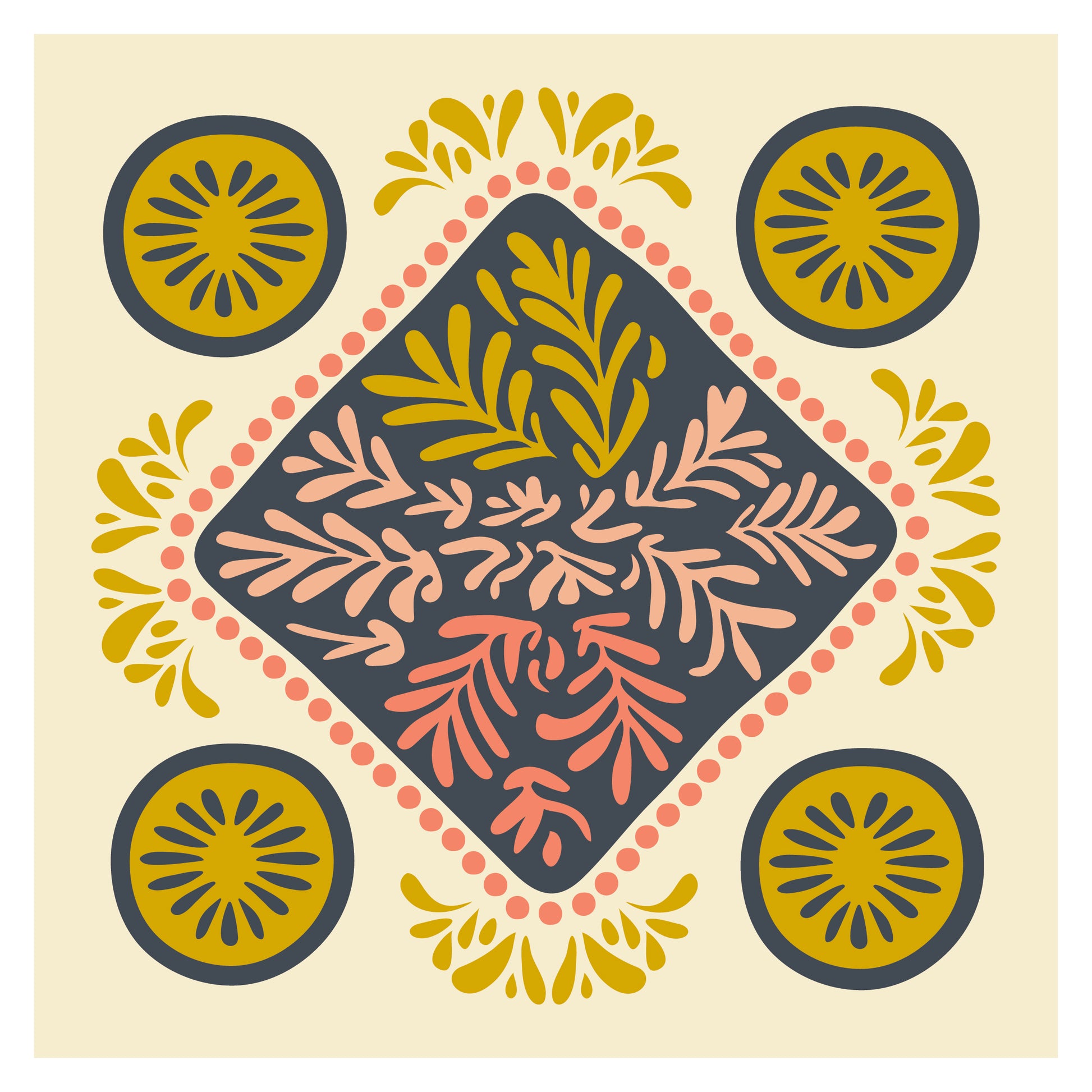 Decorative pattern with geometric shapes and floral elements on a beige background