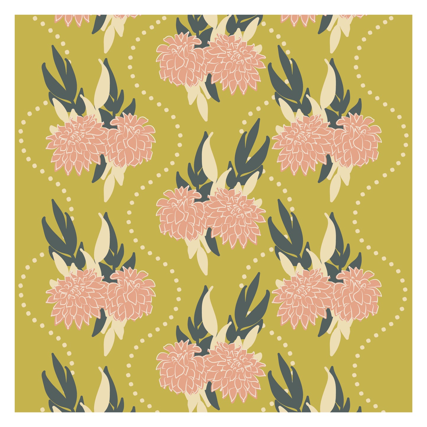 Floral pattern with pink flowers and green leaves on a yellow background
