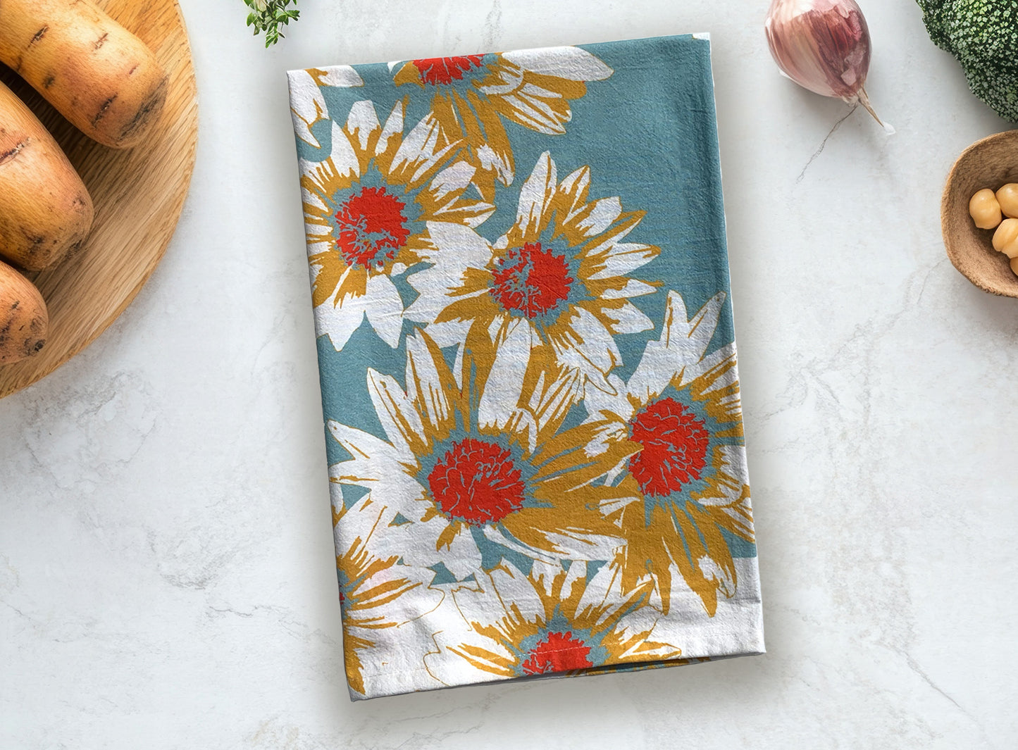 Daisies on Blue Tea Towel