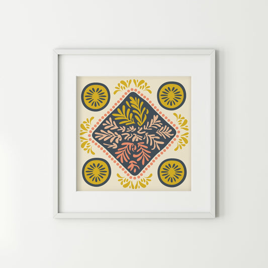 Framed artwork with a geometric pattern on a white background