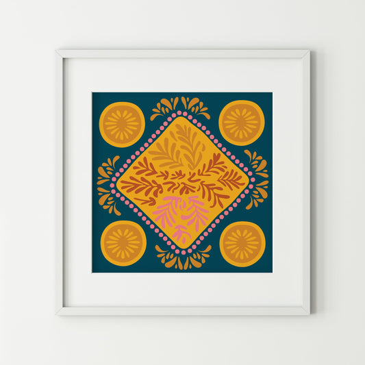 Framed artwork with a geometric pattern on a white wall