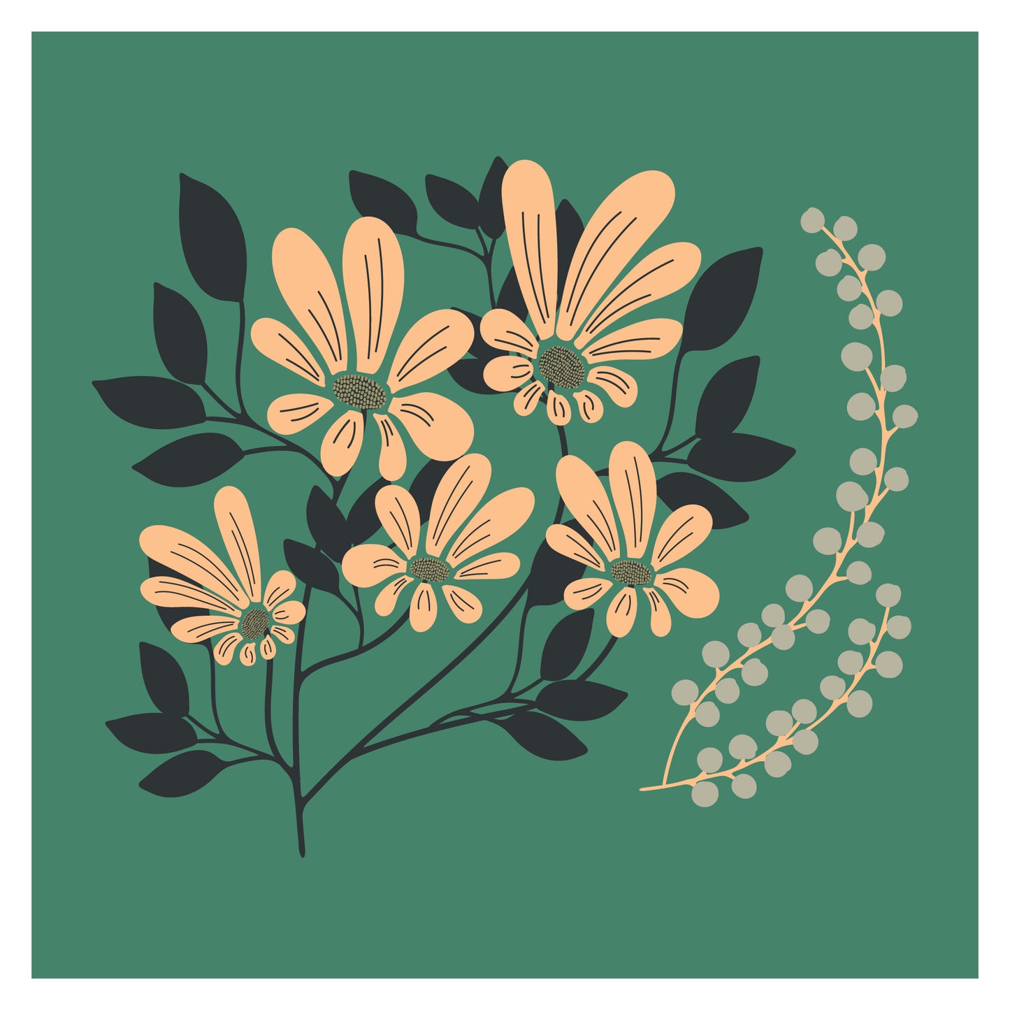 Floral design with pink flowers and green leaves on a green background