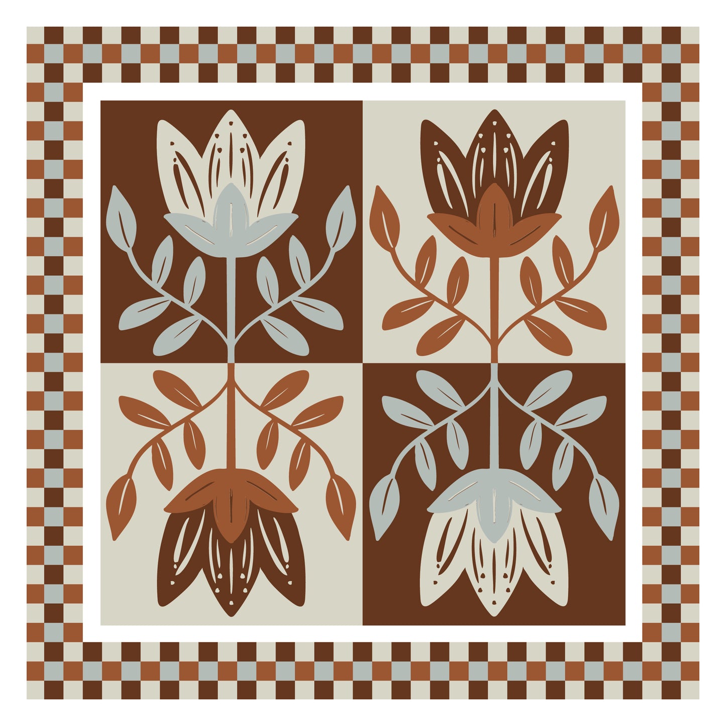 Decorative quilt like print with floral patterns and a checkered border