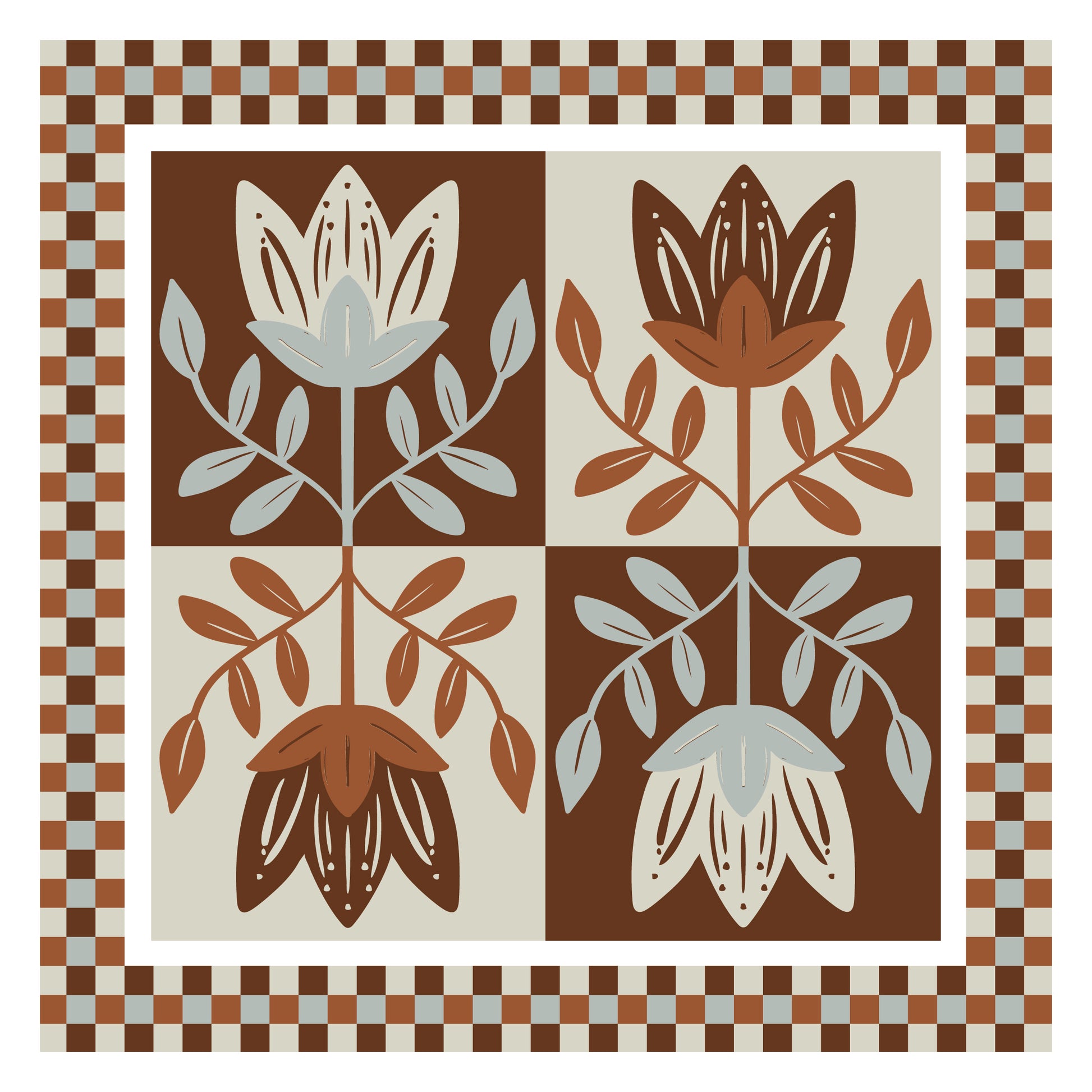 Decorative quilt like print with floral patterns and a checkered border