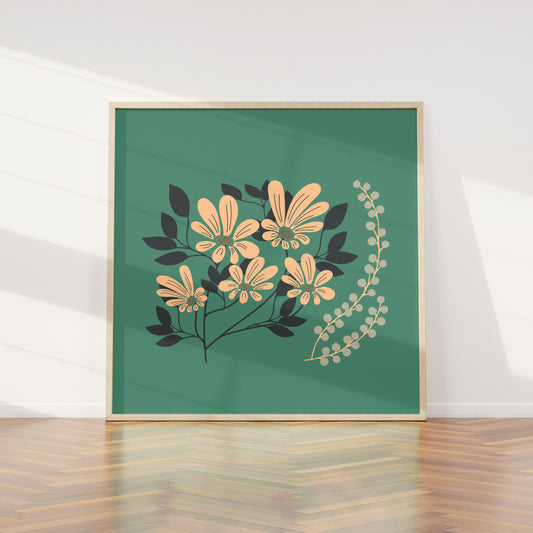 Framed floral artwork on a green background in a minimalistic room.