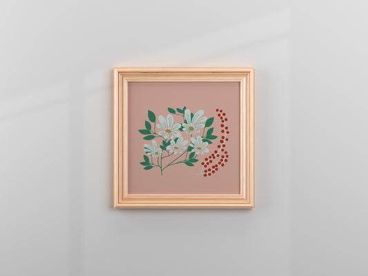 Framed artwork with floral design on a light gray wall