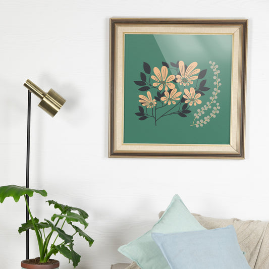 Living room with a sofa, plant, and framed artwork on the wall.