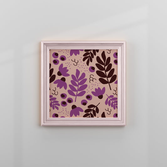 Framed artwork with purple floral pattern on a light gray wall
