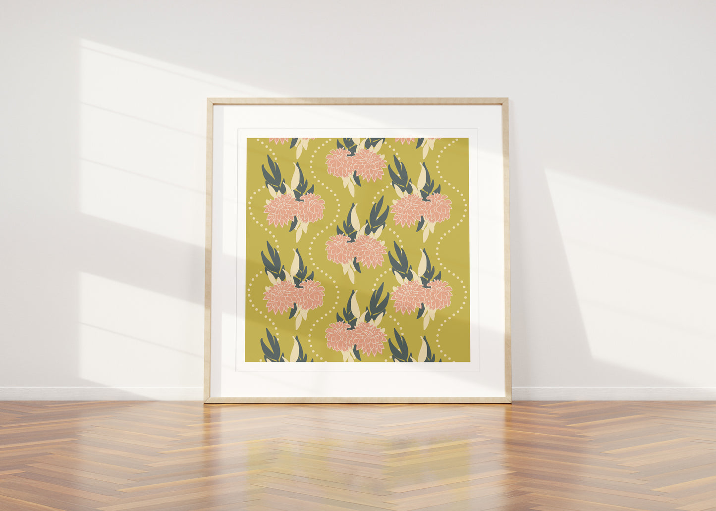 Pink Dahlia's on Chartreuse Art Print