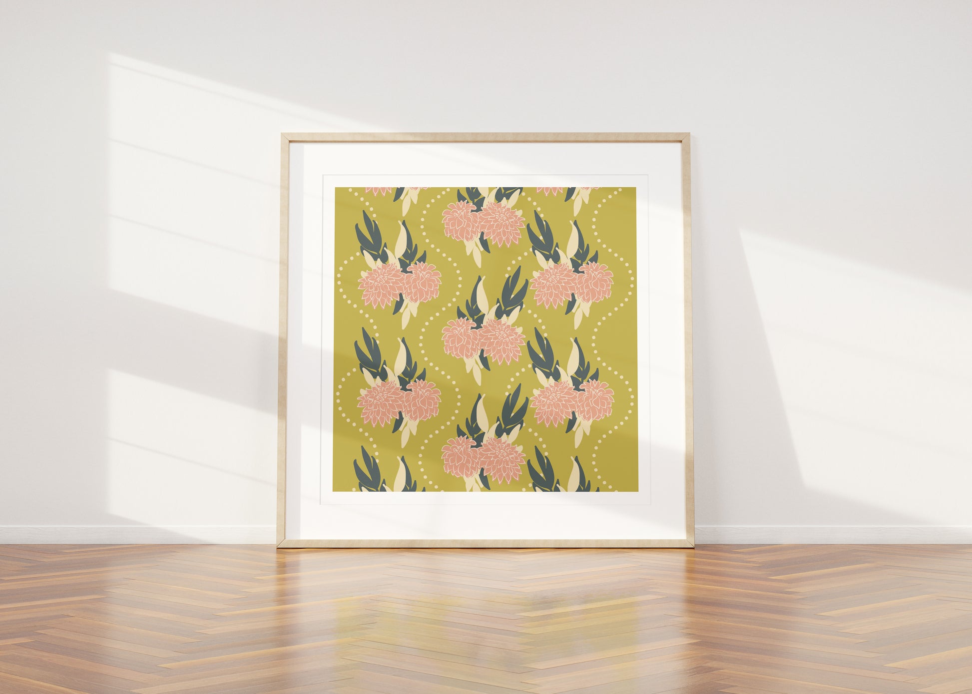 Pink Dahlia's on Chartreuse Art Print