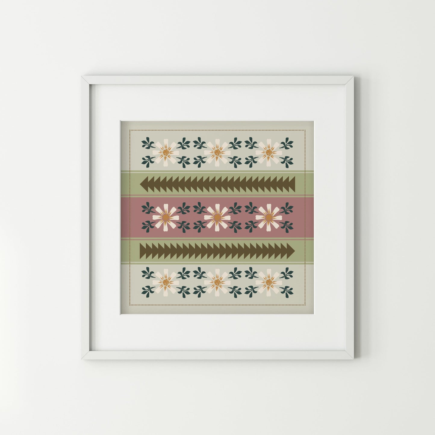 Framed patterned artwork on a white wall
